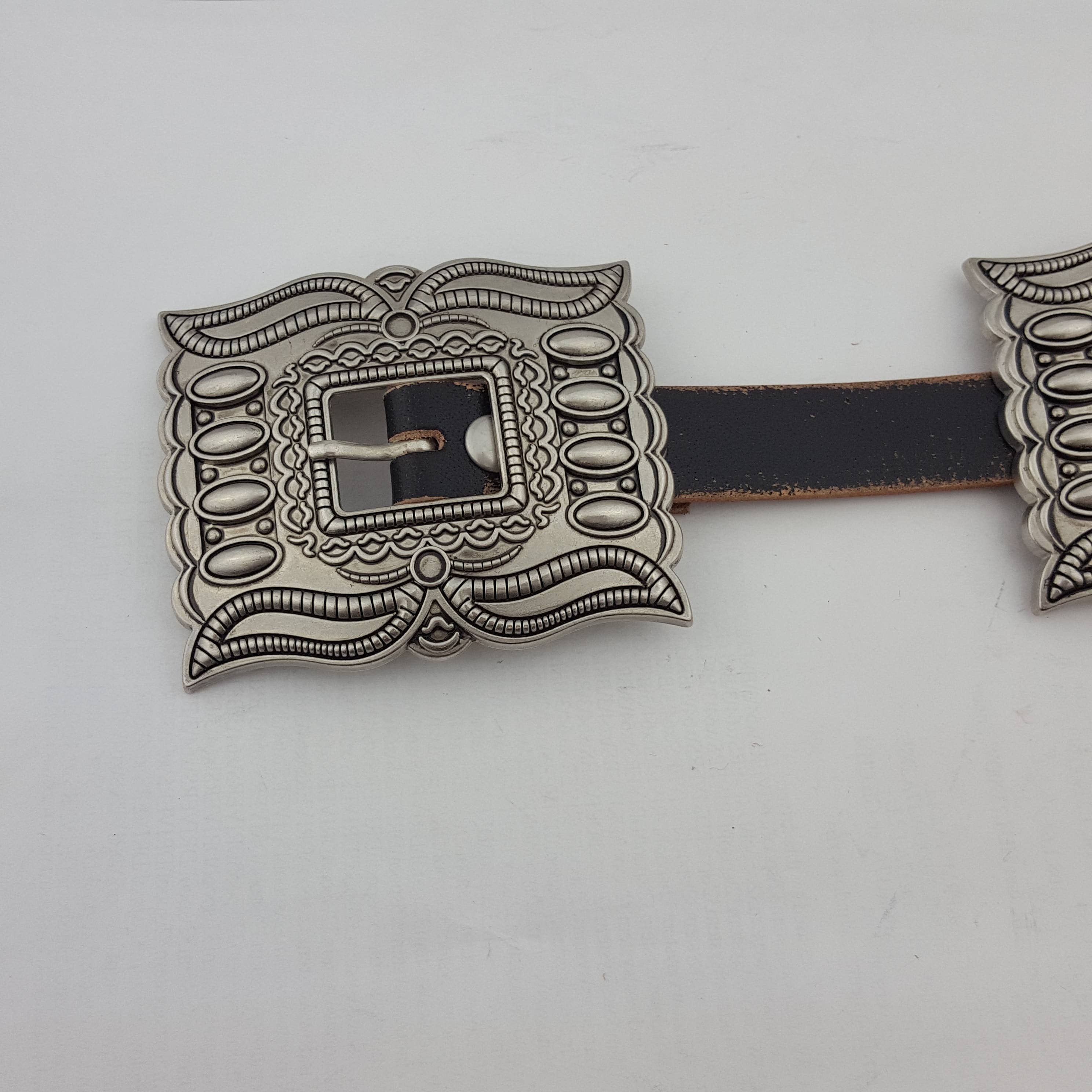 Western Silver Rectangular Concho Leather Belt - Brown or Black