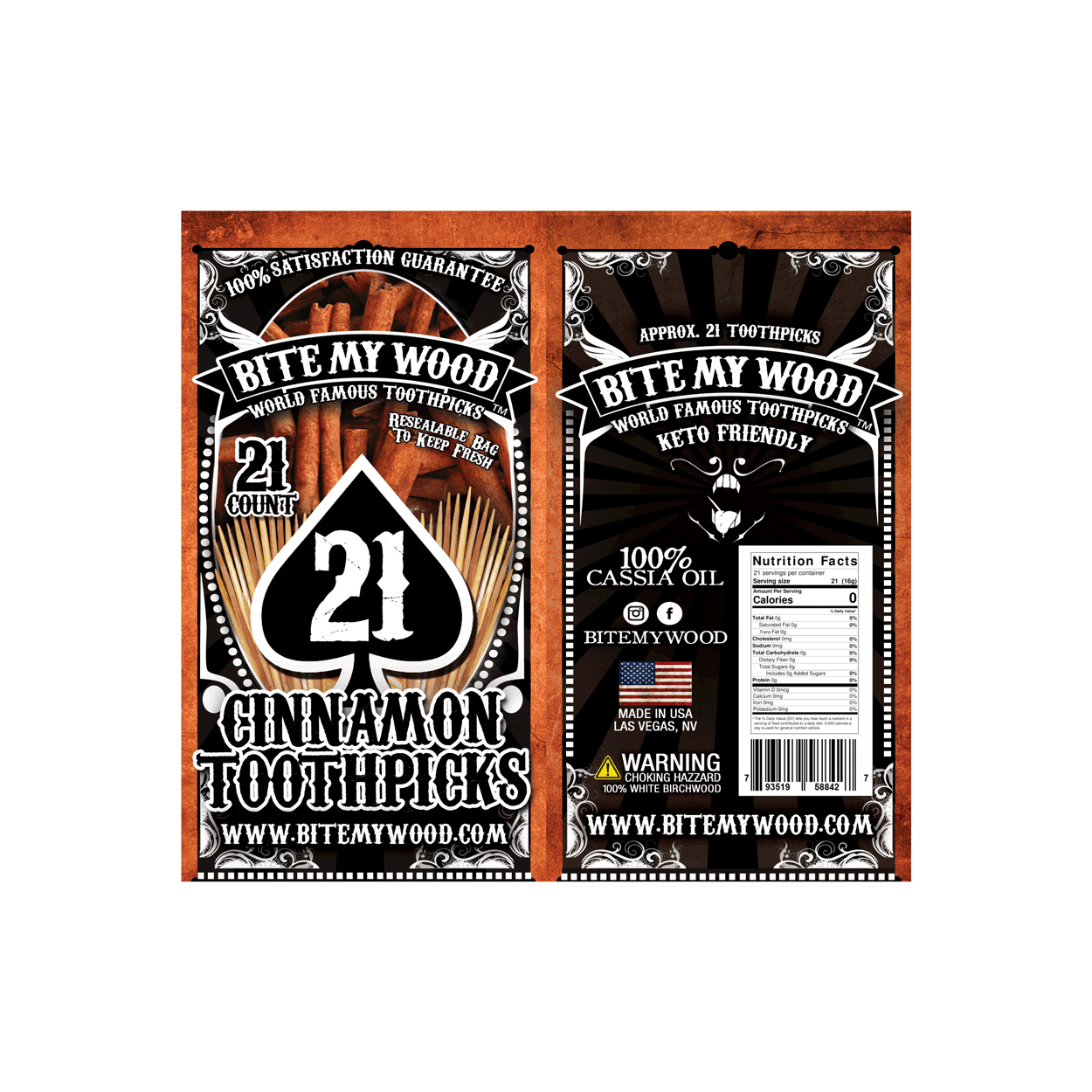 BiteMyWood Flavored Birchwood Toothpicks in Plastic Reusable Bag 21 qty 5 Flavors To Choose From