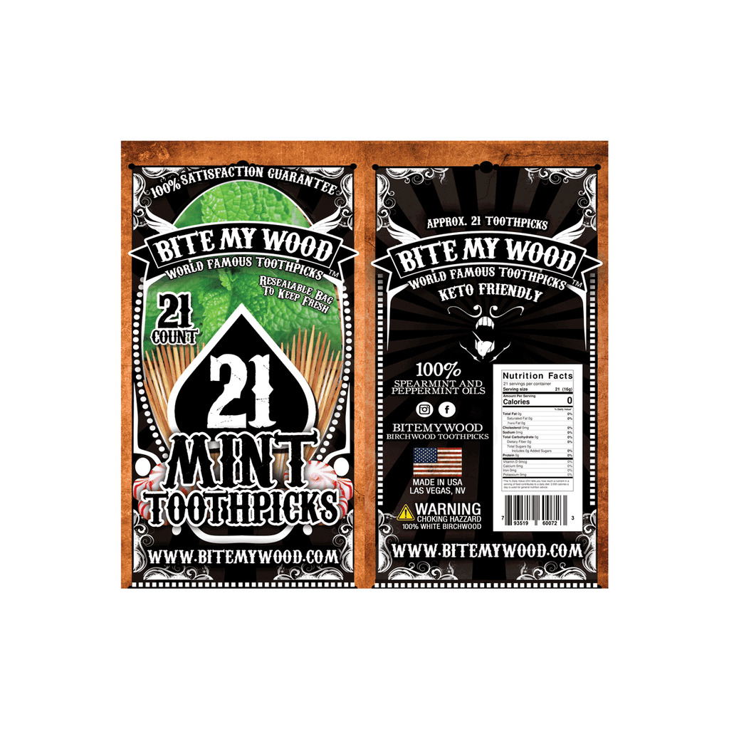 BiteMyWood Flavored Birchwood Toothpicks in Plastic Reusable Bag 21 qty 5 Flavors To Choose From
