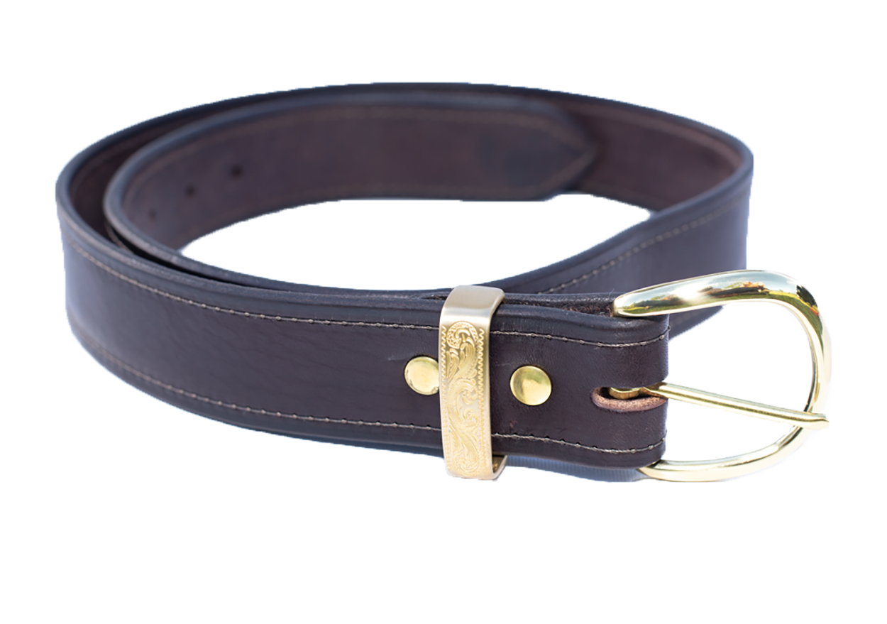 1.50-inch Stitched English Bridle Leather Belt with Solid Brass Belt Keeper
