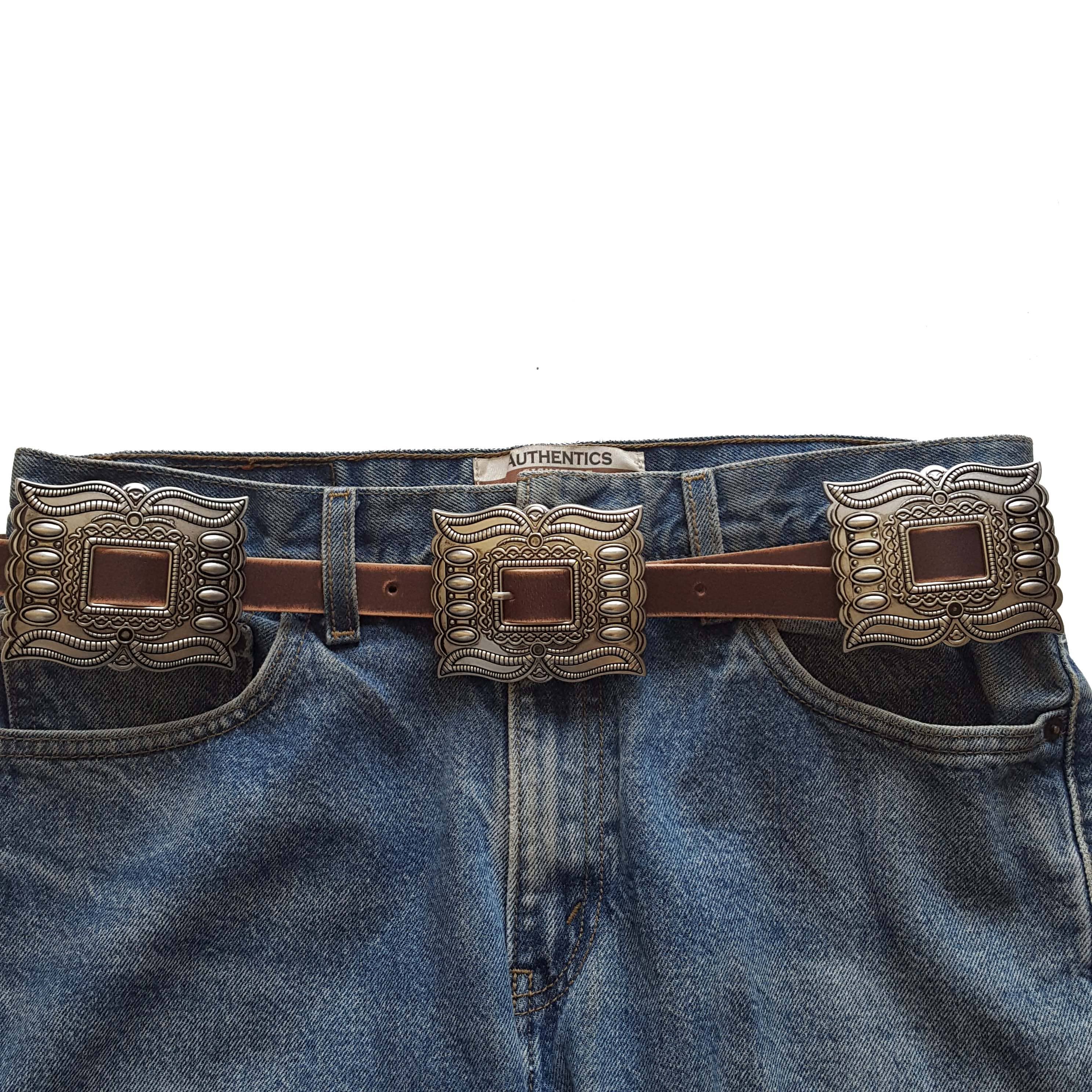 Western Silver Rectangular Concho Leather Belt - Brown or Black