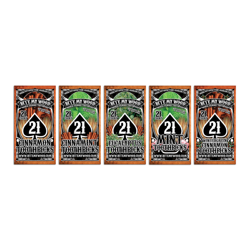BiteMyWood Flavored Birchwood Toothpicks in Plastic Reusable Bag 21 qty 5 Flavors To Choose From