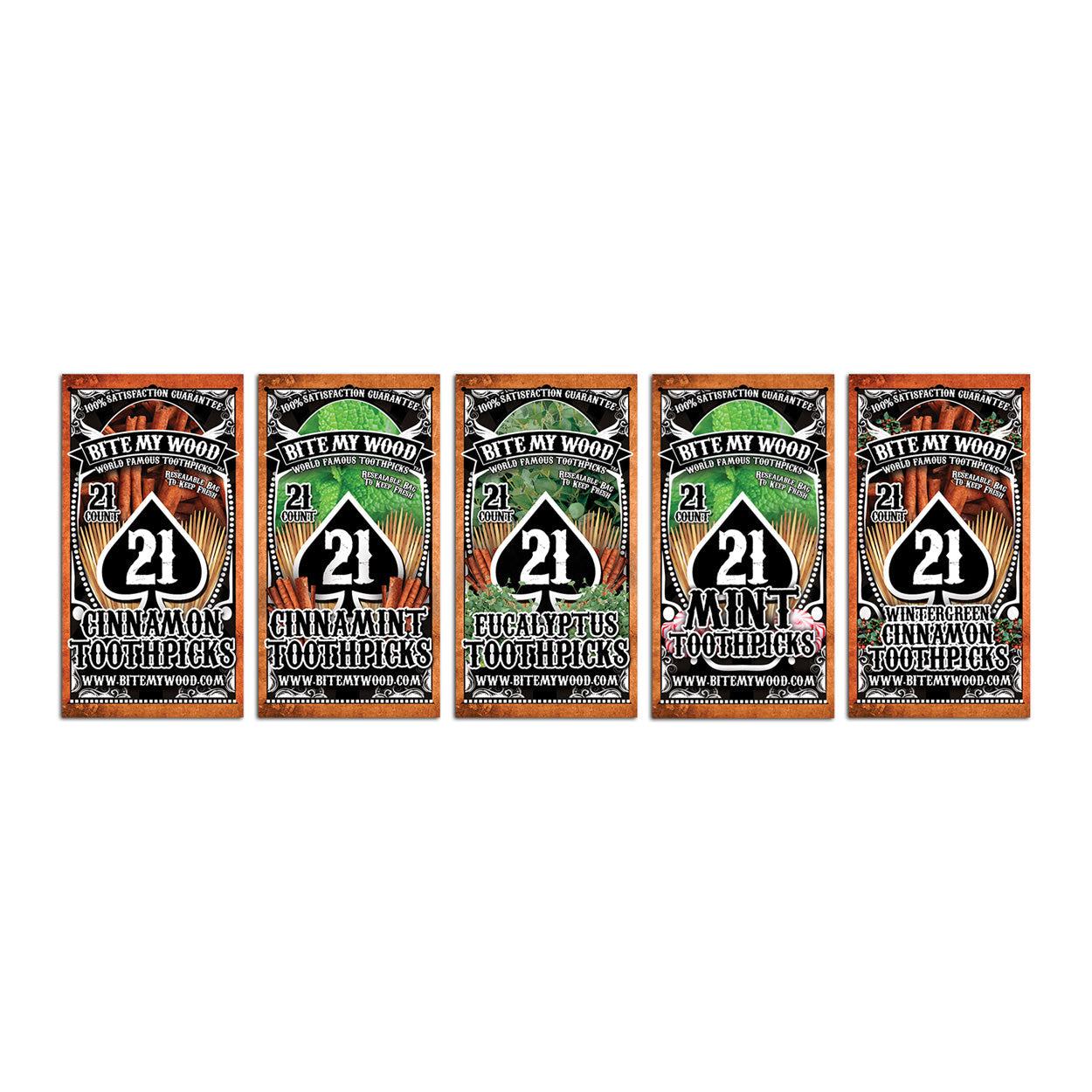 BiteMyWood Flavored Birchwood Toothpicks in Plastic Reusable Bag 21 qty 5 Flavors To Choose From