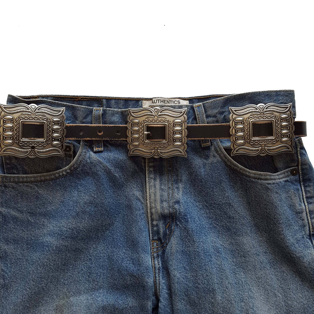 Western Silver Rectangular Concho Leather Belt - Brown or Black