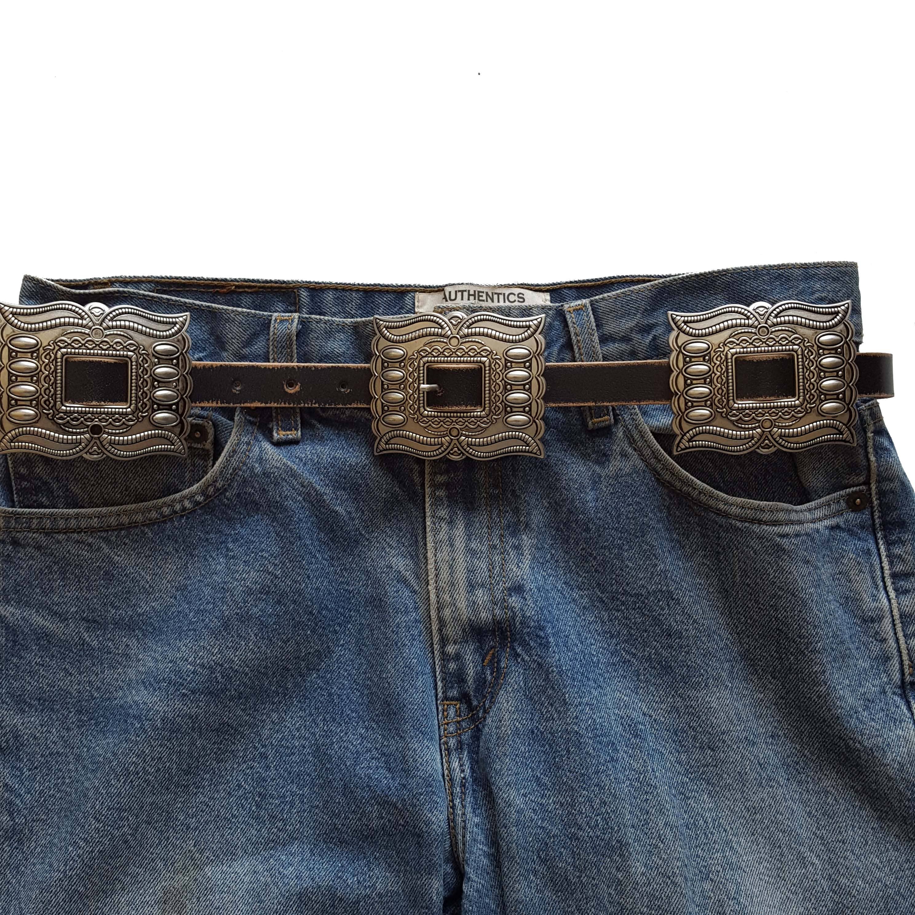 Western Silver Rectangular Concho Leather Belt - Brown or Black