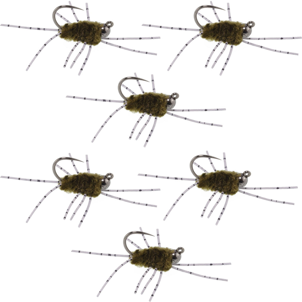 Barbless Pat's Barred Rubber Legs Tungsten Bead Jigged Dark Olive Euro Nymph  - Set of 6 Flies Hook Size 6