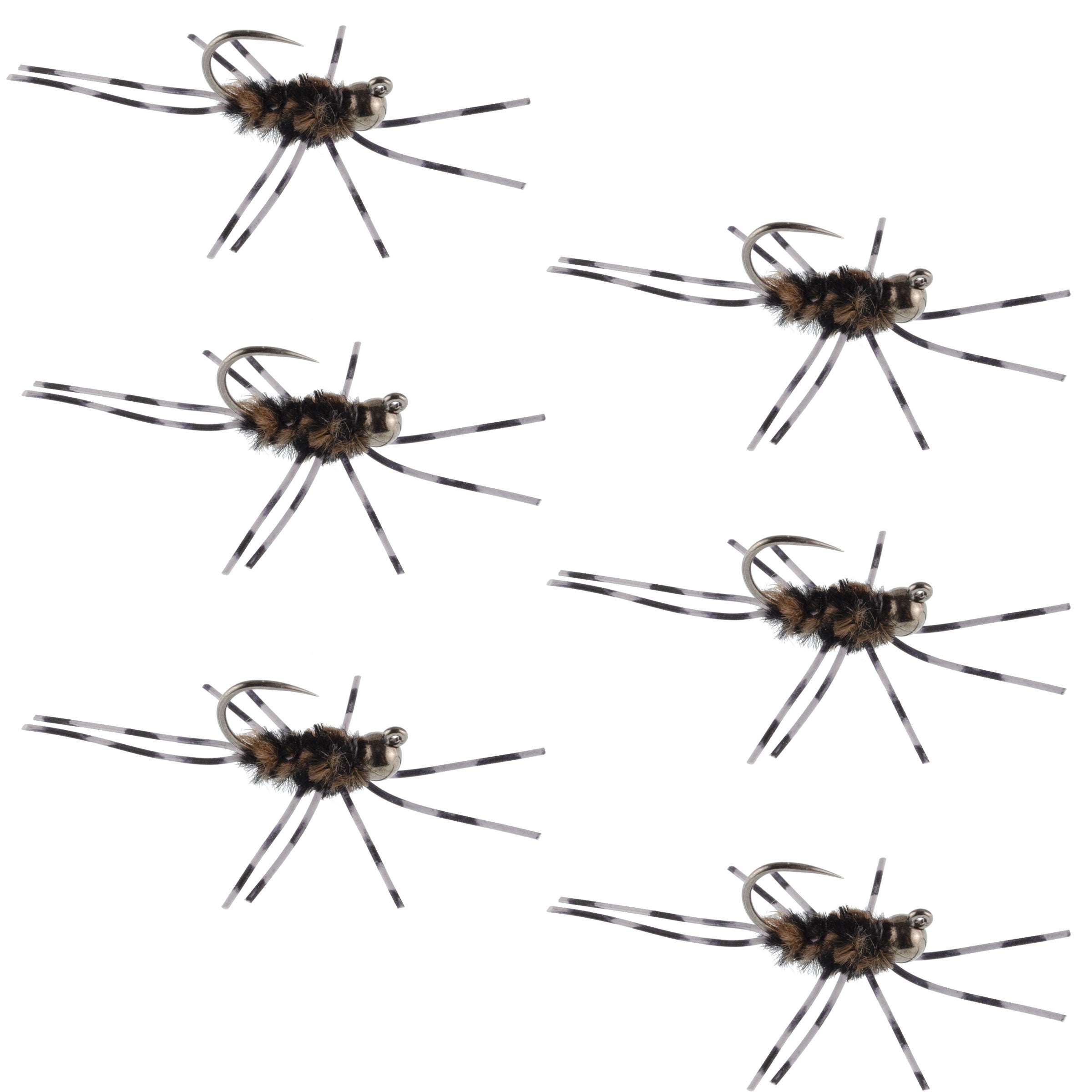 Barbless Pat's Barred Rubber Legs Tungsten Bead Jigged Coffee/Black Euro Nymph  - Set of 6 Flies Hook Size 6