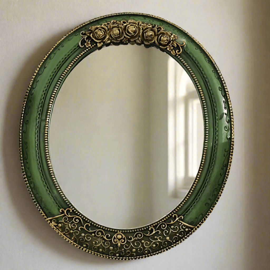 Antique Green Oval Wall Mirror with Ornate Gold Detailing