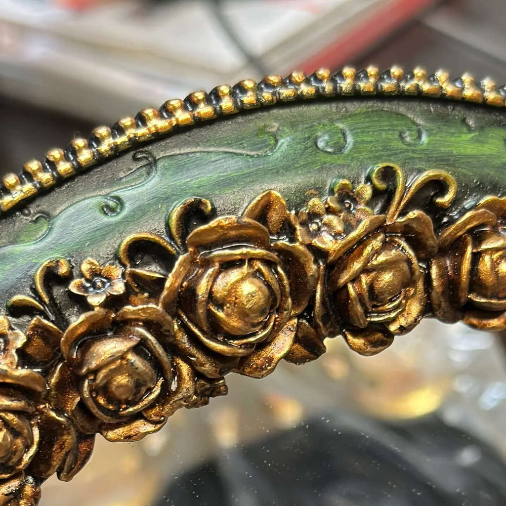 Antique Green Oval Wall Mirror with Ornate Gold Detailing