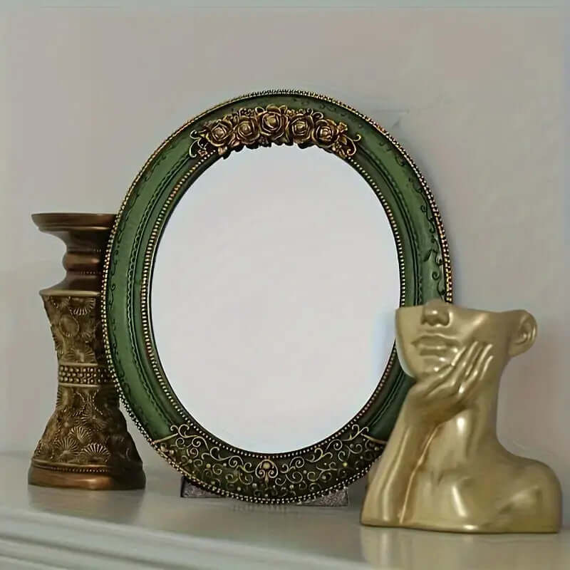 Antique Green Oval Wall Mirror with Ornate Gold Detailing