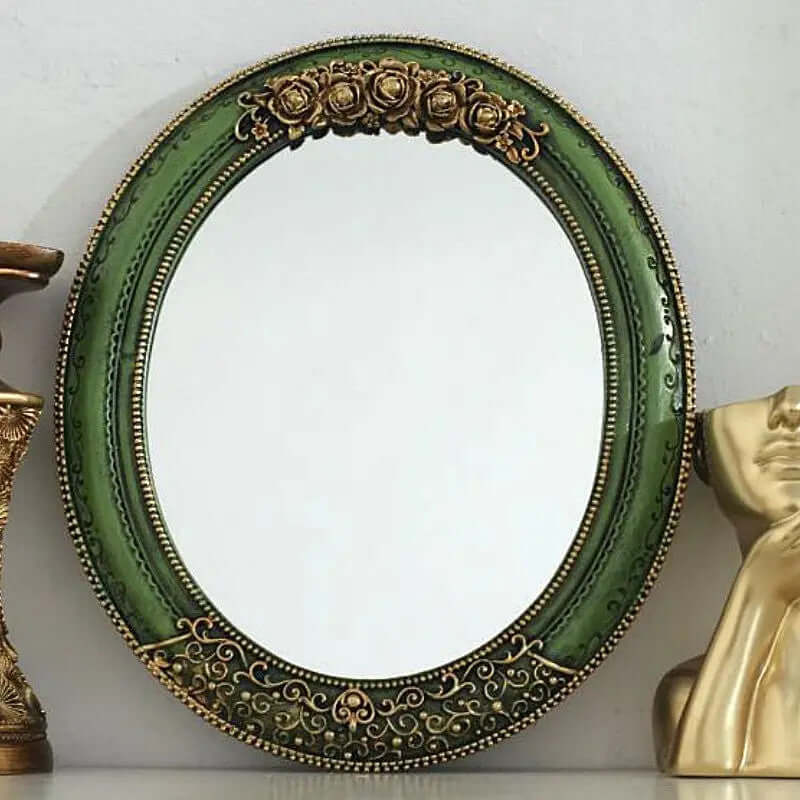 Antique Green Oval Wall Mirror with Ornate Gold Detailing