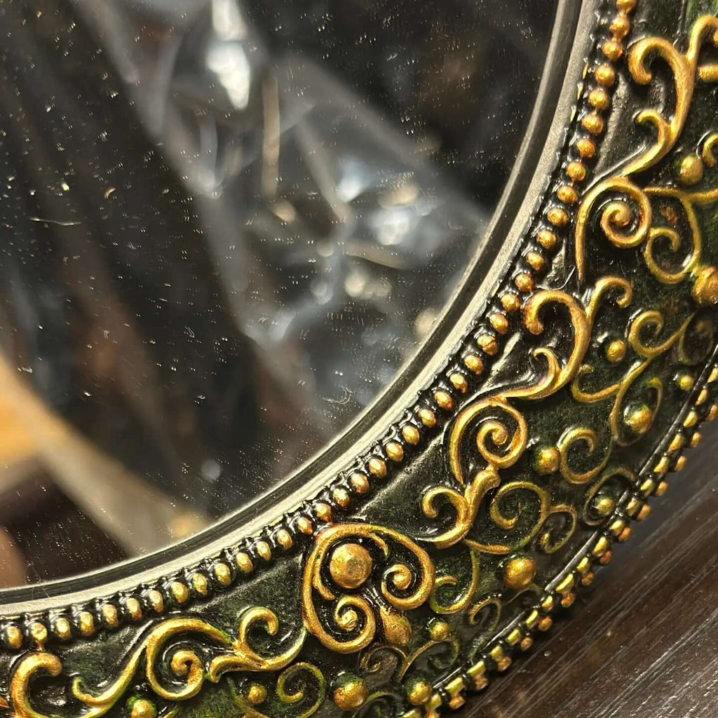 Antique Green Oval Wall Mirror with Ornate Gold Detailing