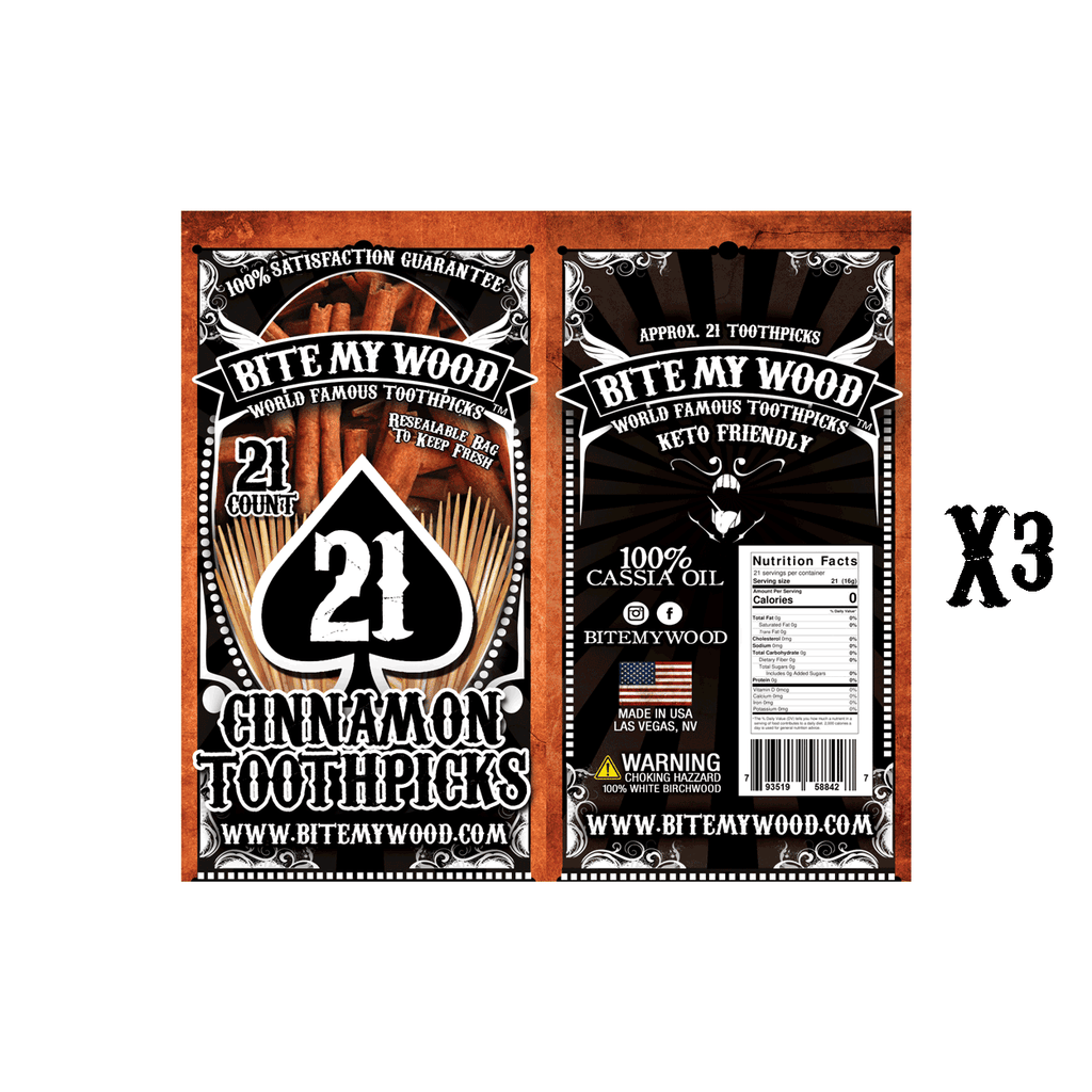 BiteMyWood Flavored Birchwood Toothpicks in Plastic Reusable Bag 21 qty x 3 Packs