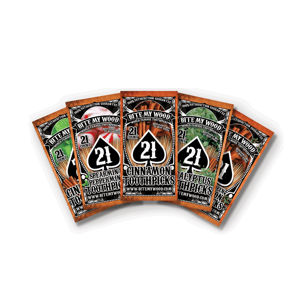 BiteMyWood Flavored Birchwood Toothpicks in Plastic Reusable Bag 21 qty 5 Flavors To Choose From
