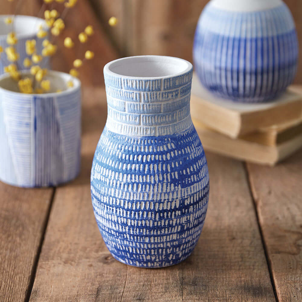 Blue and White Textured Ceramic Vase