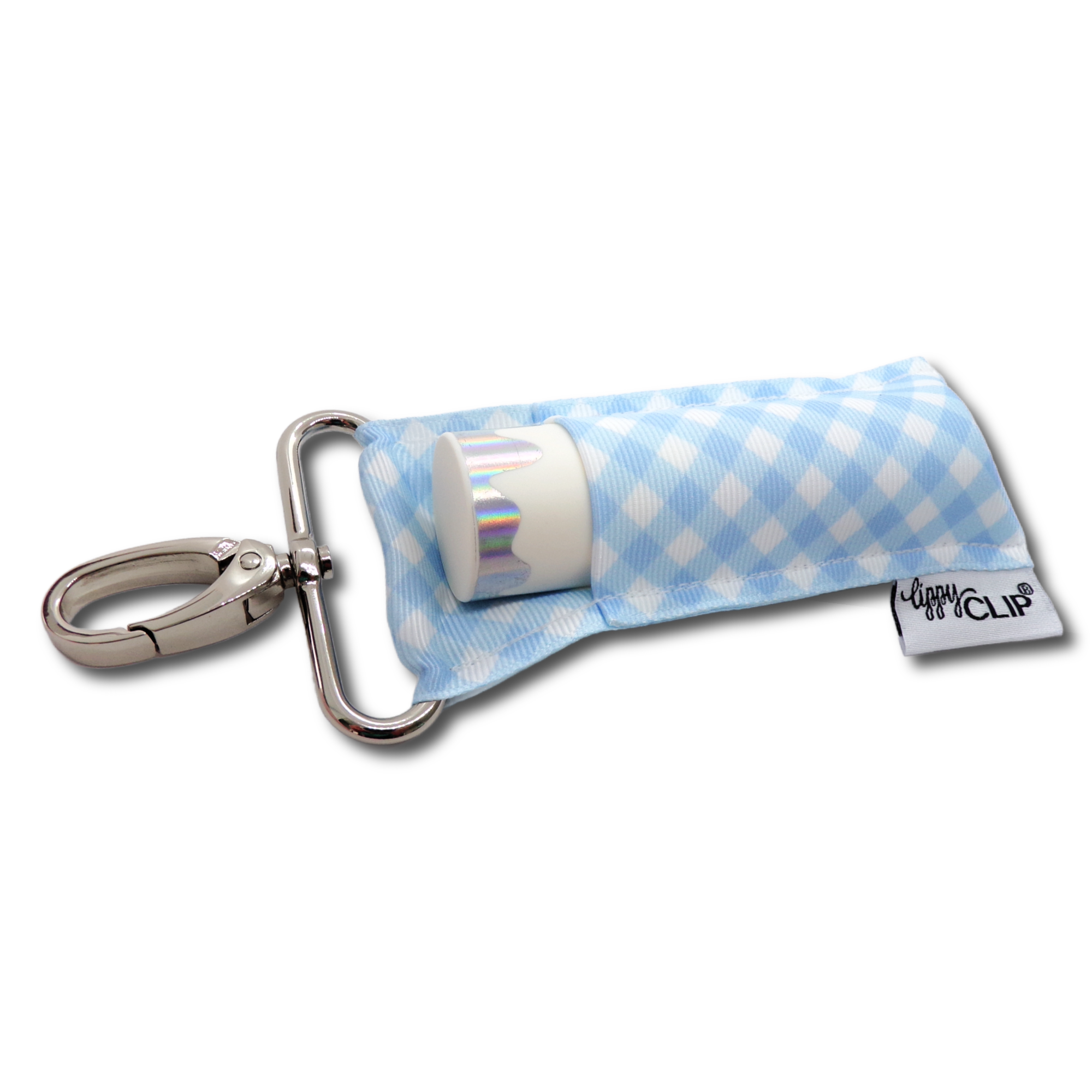 Light Blue and White Gingham LippyClip KISS for larger lip balms, essential oil rollers, etc.