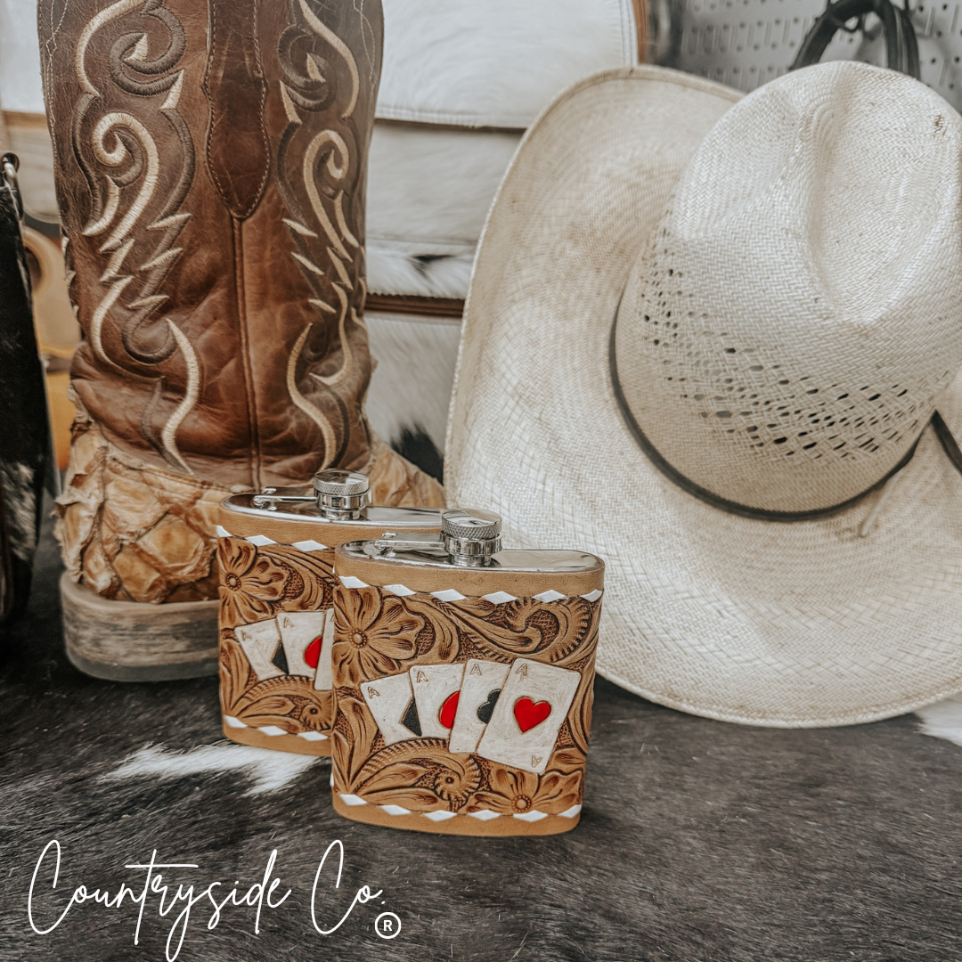 Gambler Tooled Leather Flask