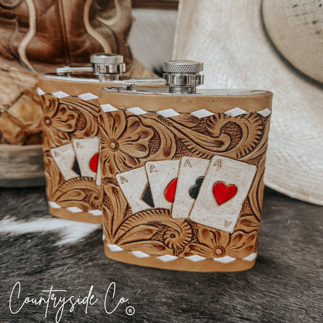 Gambler Tooled Leather Flask