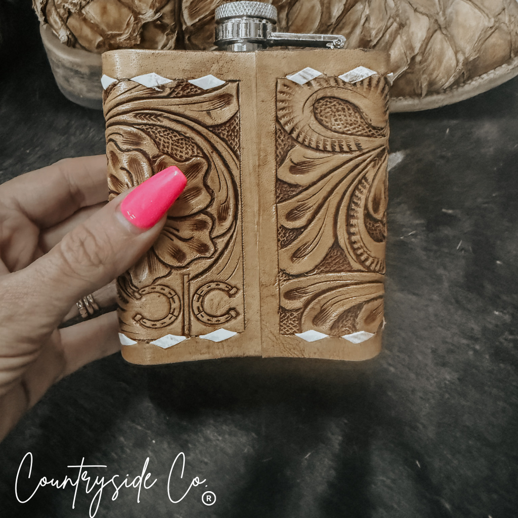 Gambler Tooled Leather Flask