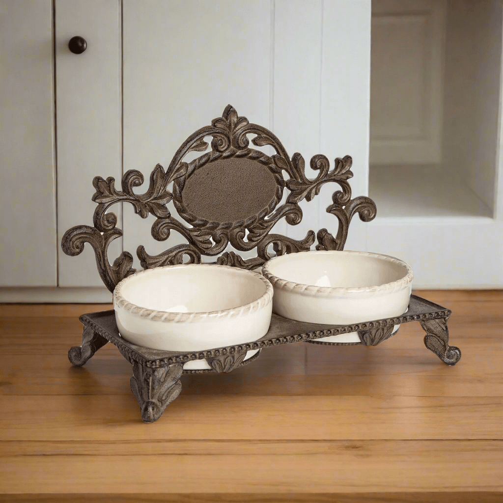Ornate Elevated Pet Feeder – Vintage Cast Iron Double Bowl Stand