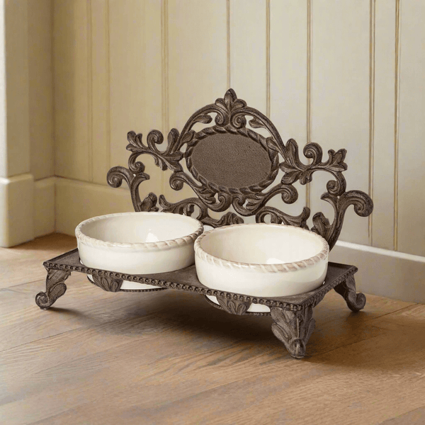 Ornate Elevated Pet Feeder – Vintage Cast Iron Double Bowl Stand