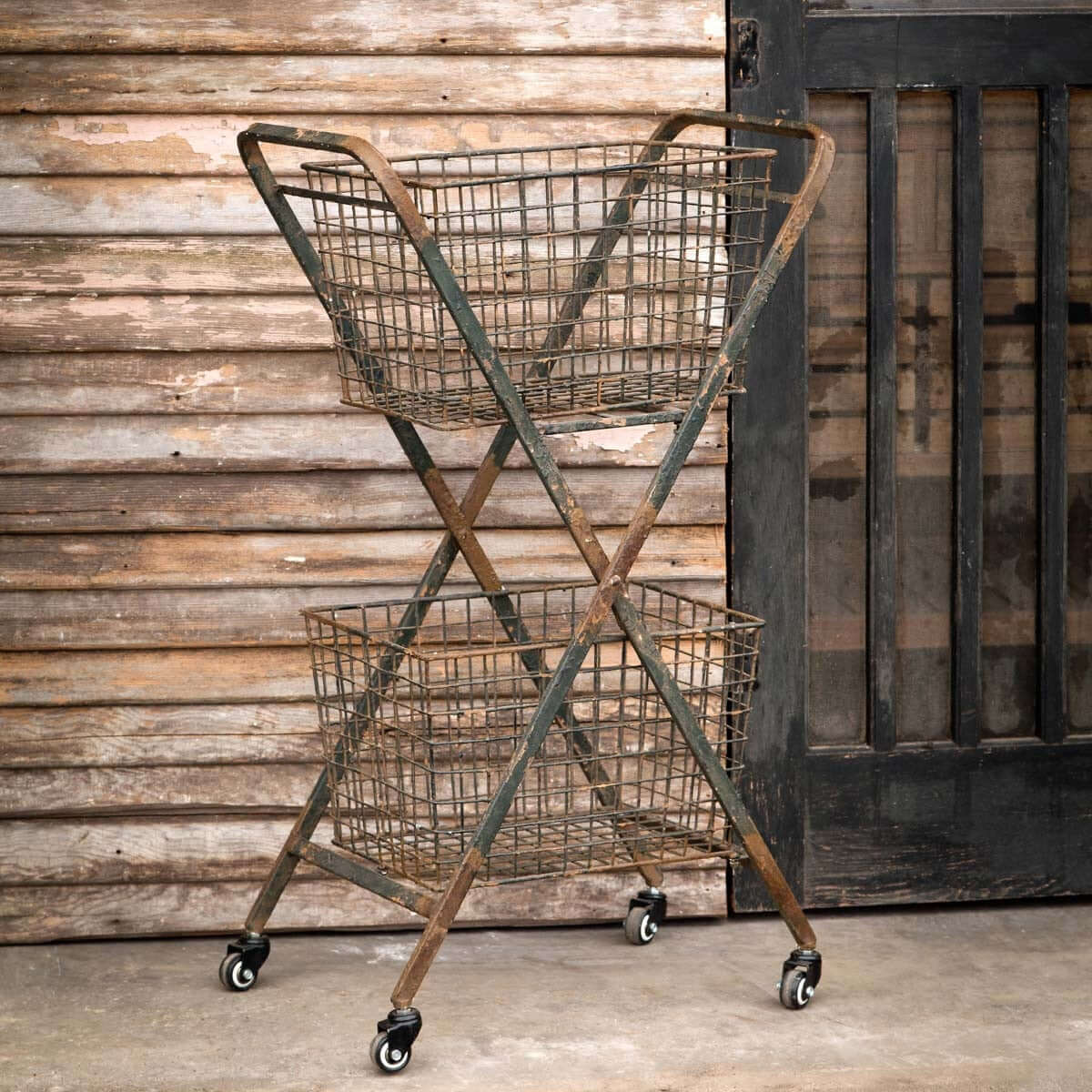 Rolling Metal Market Cart – Vintage Double Basket Farmhouse Storage