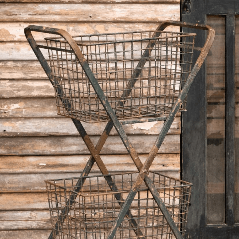 Rolling Metal Market Cart – Vintage Double Basket Farmhouse Storage