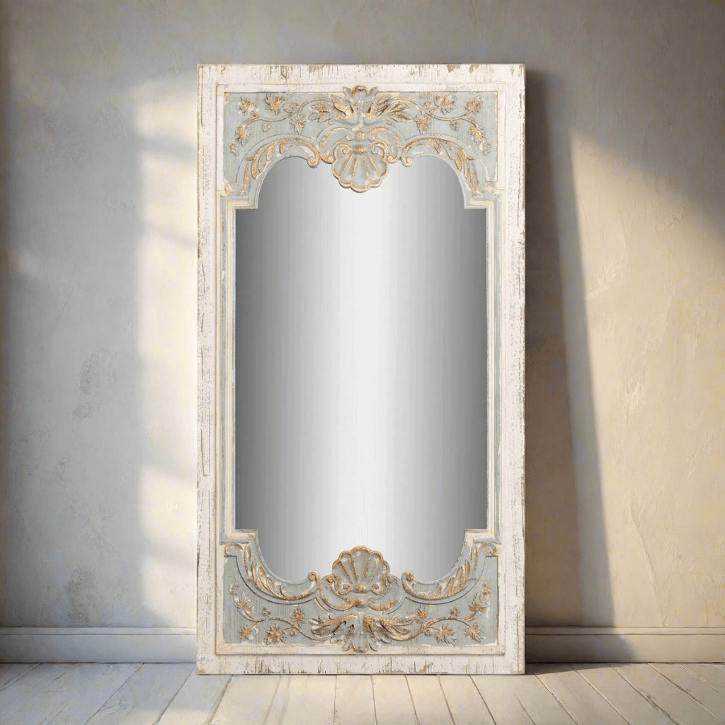 Vintage French Country Carved Wood Mirror with Distressed Blue Frame