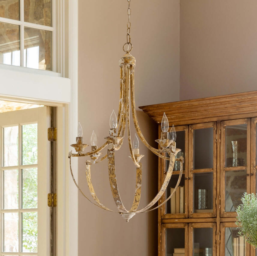 French Country Farmhouse Chandelier in Antique Gold Iron