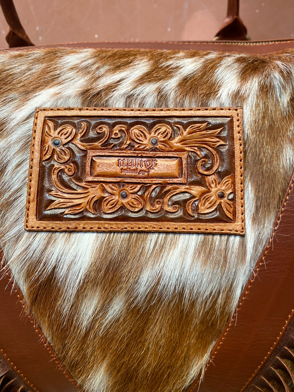 Cowhide Western Duffle Bag With Fringe