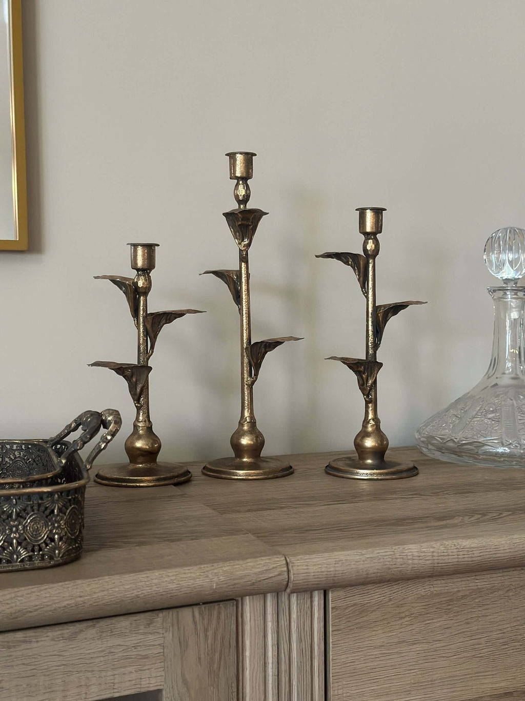 Antique Brass Leaf Candle Holders Set