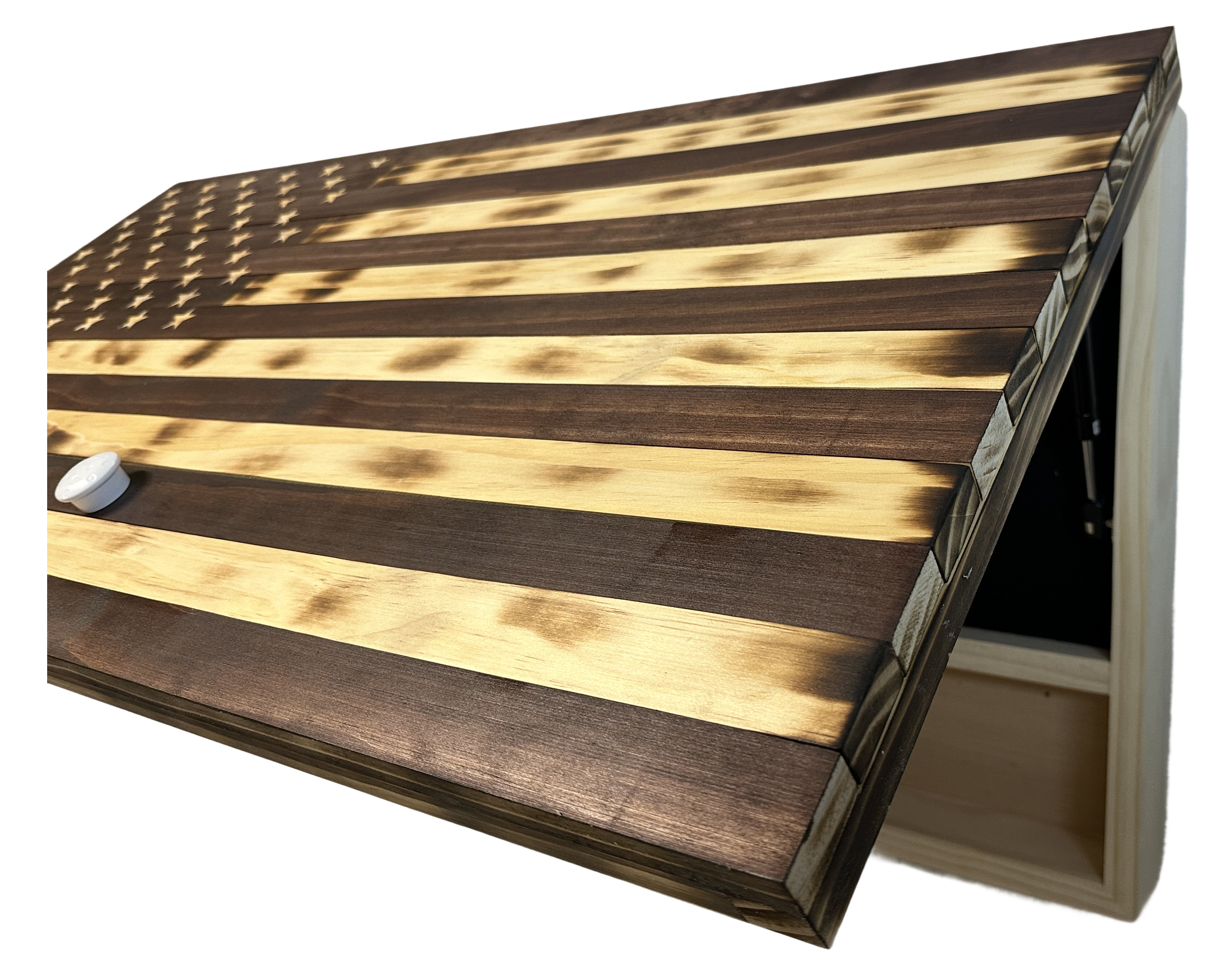 Rustic American Flag Hidden Gun Storage Cabinet Burnt Wood and Red Mahogany