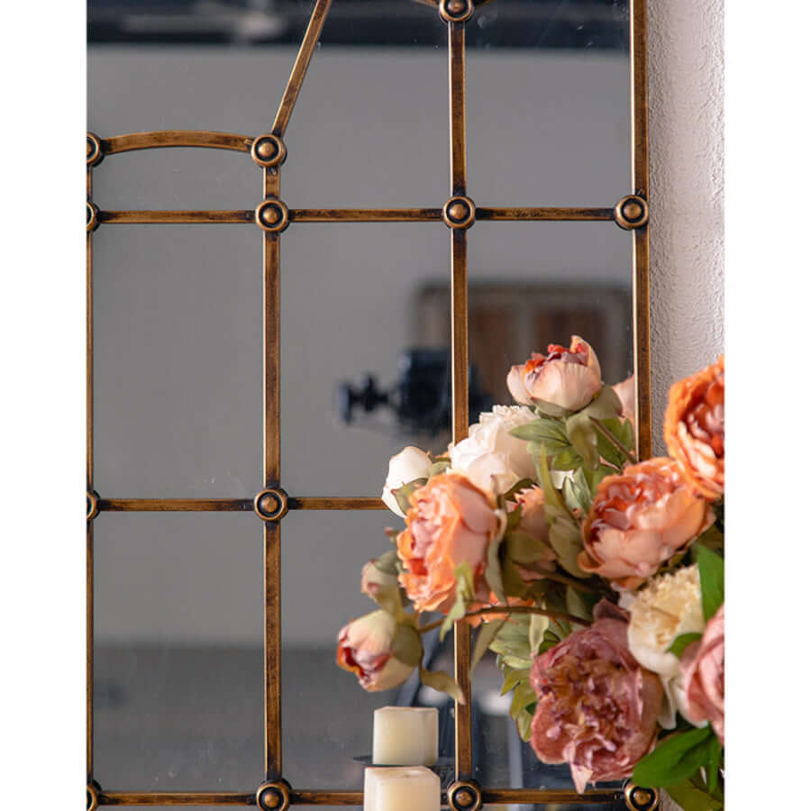 Antique Arched Windowpane Wall Mirror with Metal Grid Frame