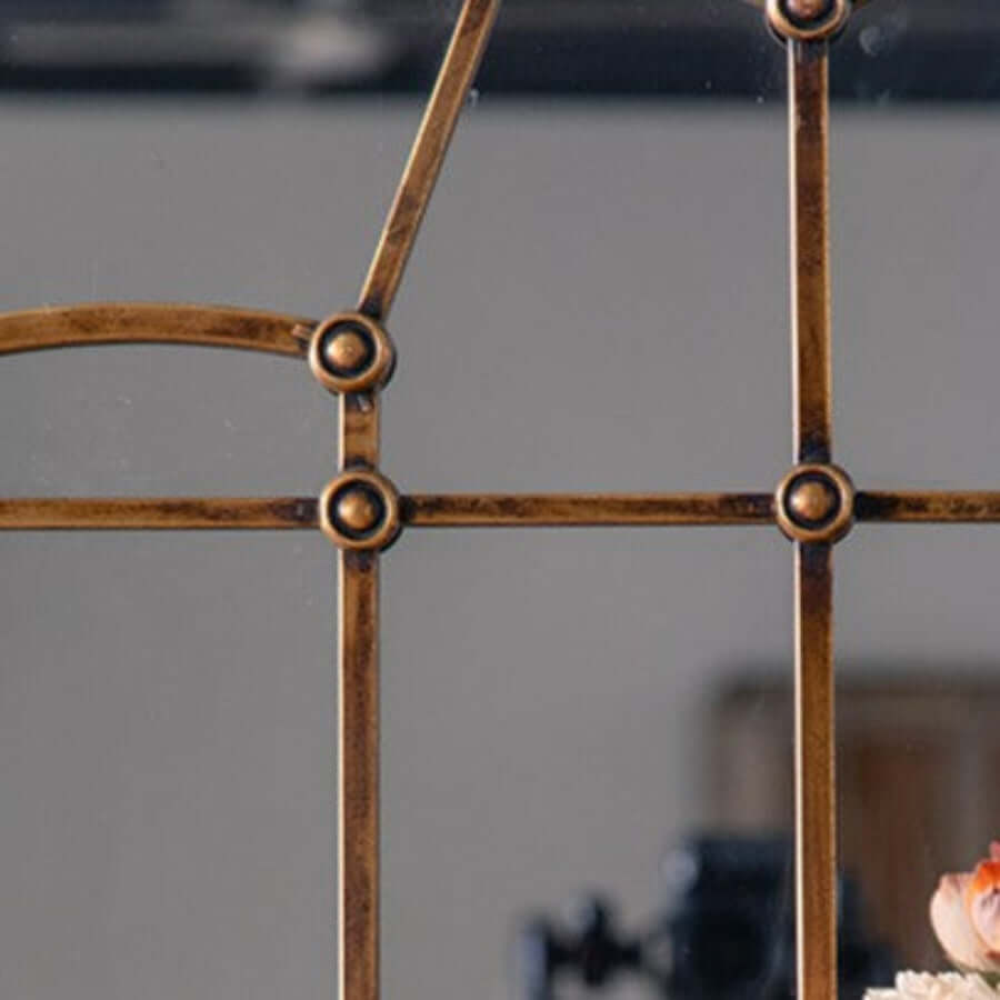 Antique Arched Windowpane Wall Mirror with Metal Grid Frame