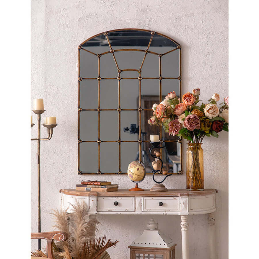 Antique Arched Windowpane Wall Mirror with Metal Grid Frame