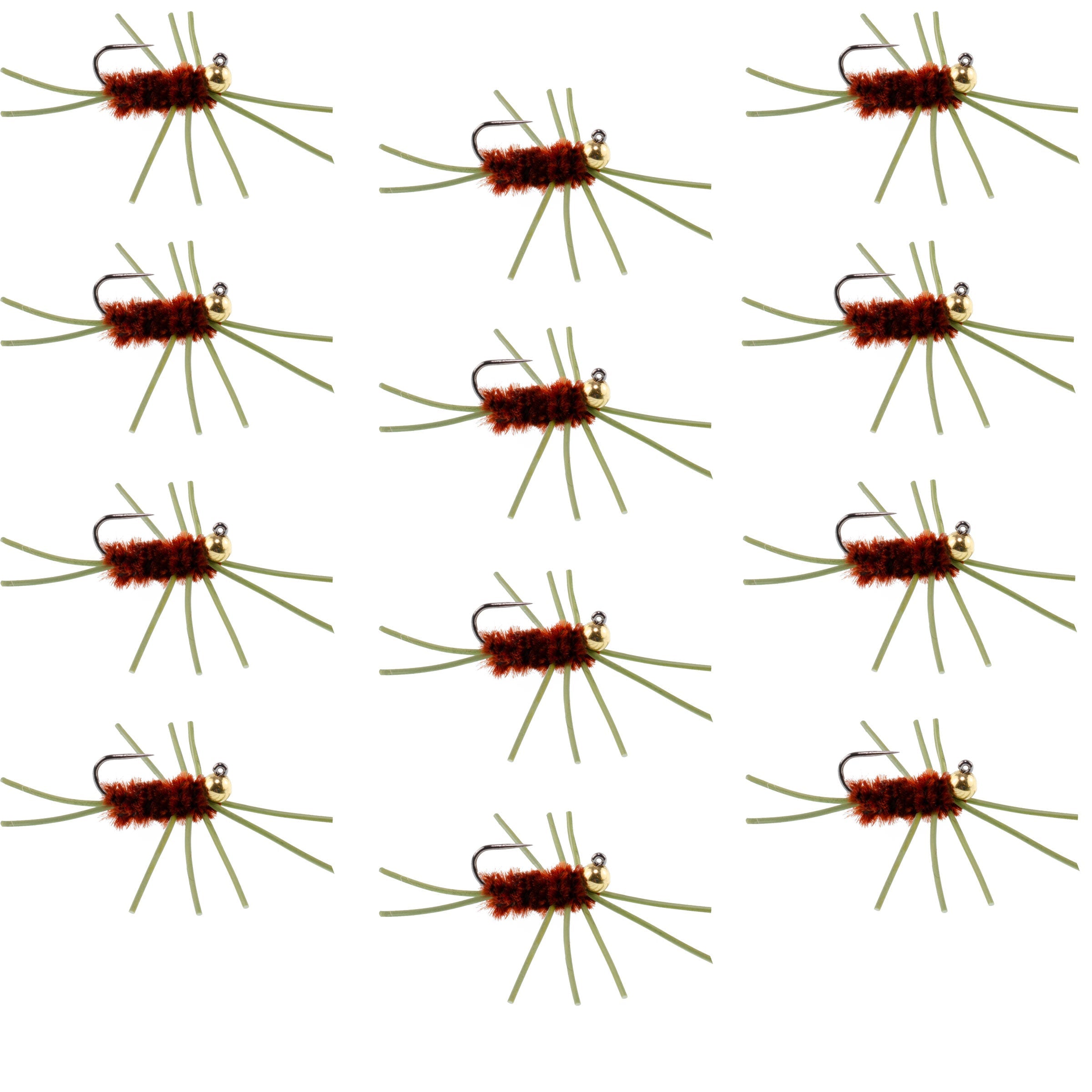 Barbless Pat's Rubber Legs Tungsten Bead Jigged Brown Euro Nymph  - Set of 12 Flies Hook Size 10