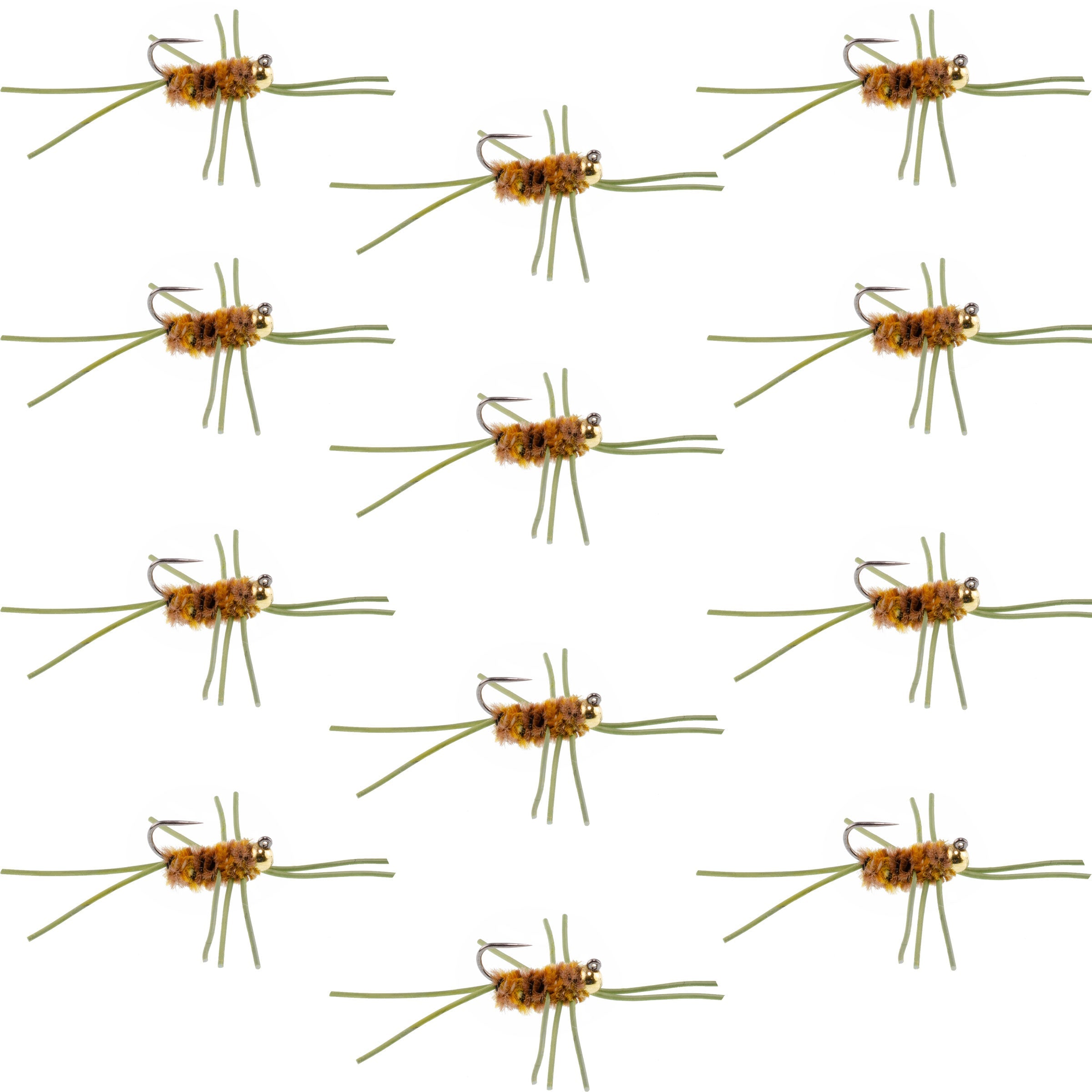 Barbless Pat's Rubber Legs Tungsten Bead Jigged Coffee/Tan Euro Nymph  - Set of 12 Flies Hook Size 10