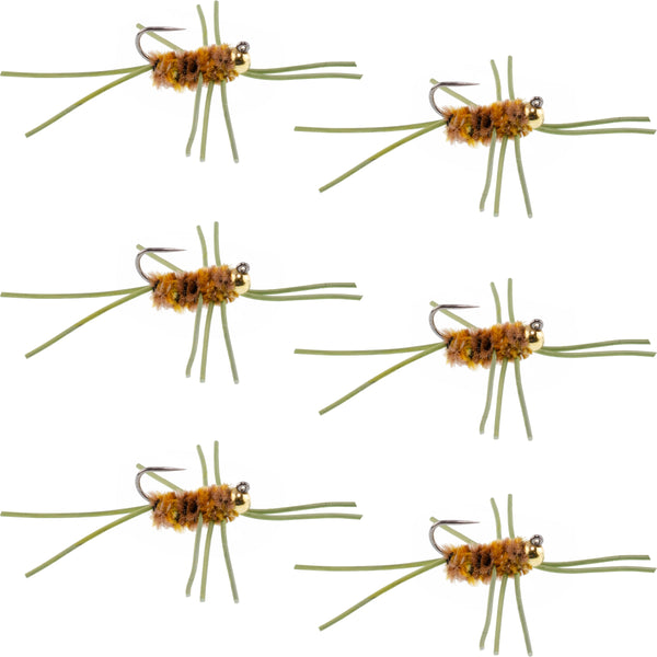 Barbless Pat's Rubber Legs Tungsten Bead Jigged Coffee/Tan Euro Nymph  - Set of 6 Flies Hook Size 10