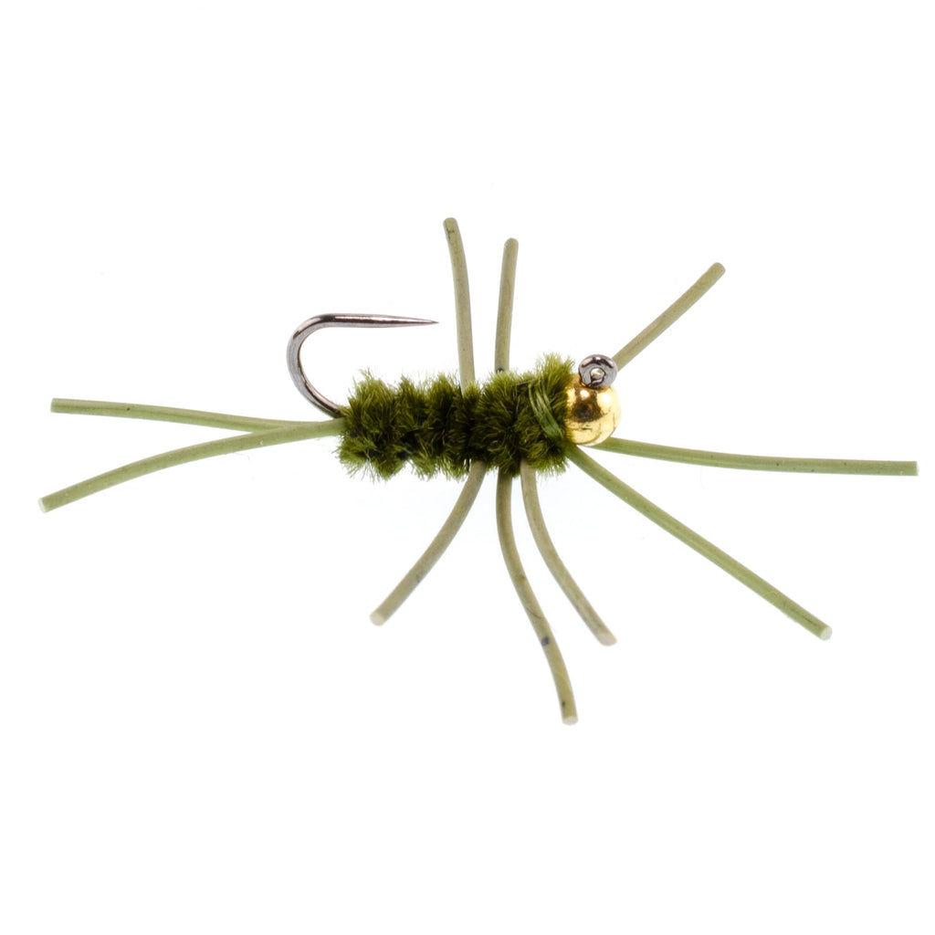 Barbless Pat's Rubber Legs Tungsten Bead Jigged Dark Olive Euro Nymph  - Set of 12 Flies Hook Size 10