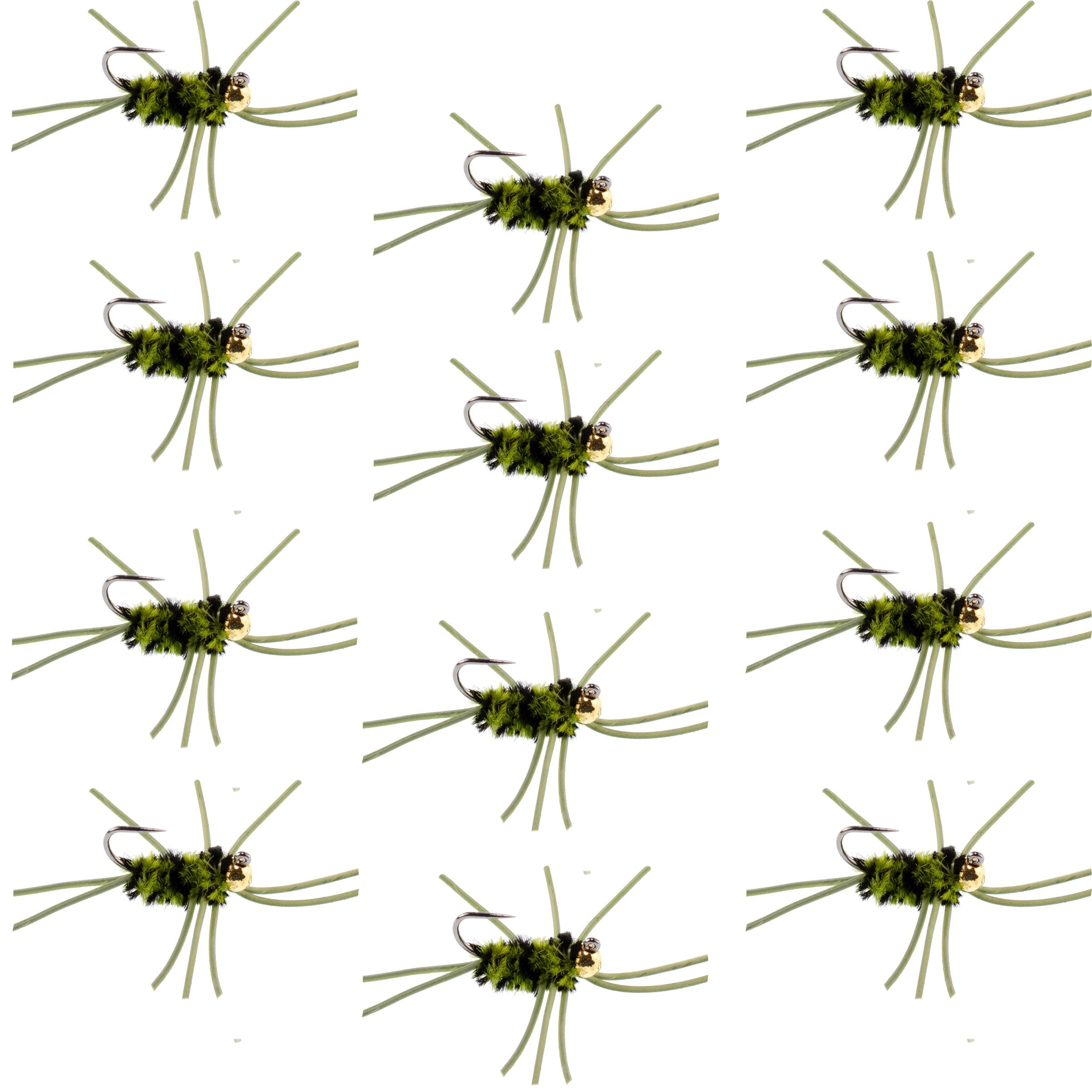 Barbless Pat's Rubber Legs Tungsten Bead Jigged Black/Olive Euro Nymph  - Set of 12 Flies Hook Size 10