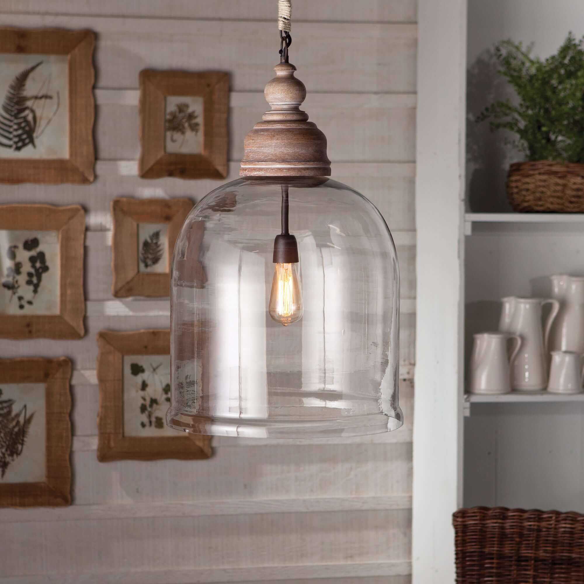 Farmhouse Glass Cloche Pendant Light with Rustic Wood Accent