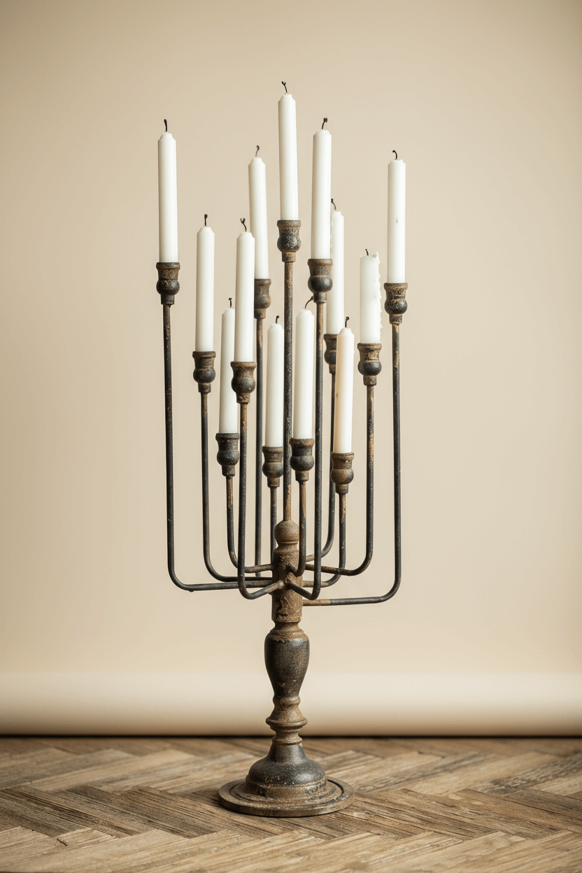 Vintage Candelabra in Distressed Black Iron