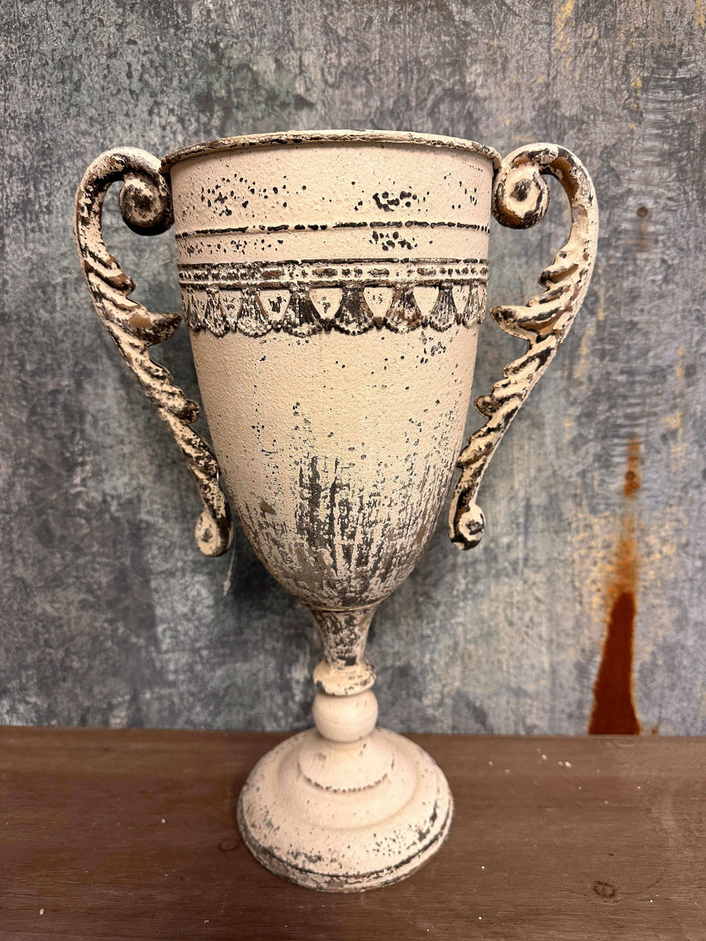 Vintage Trophy Vase In Distressed Metal