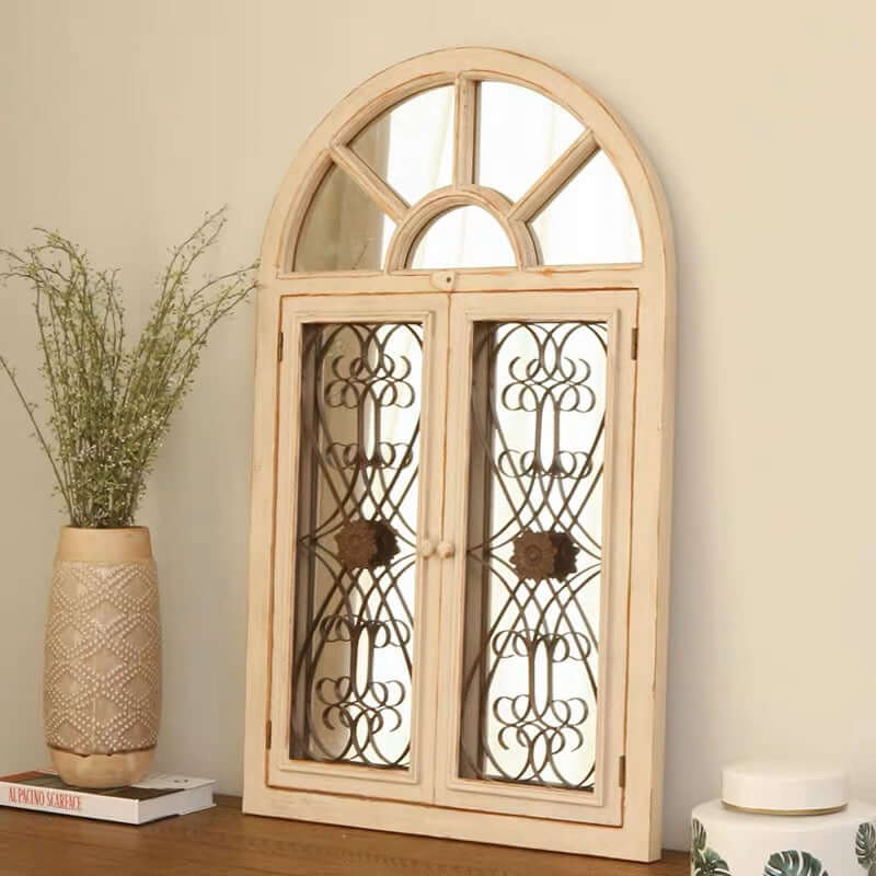Vintage Arched Window Mirror in Antique White