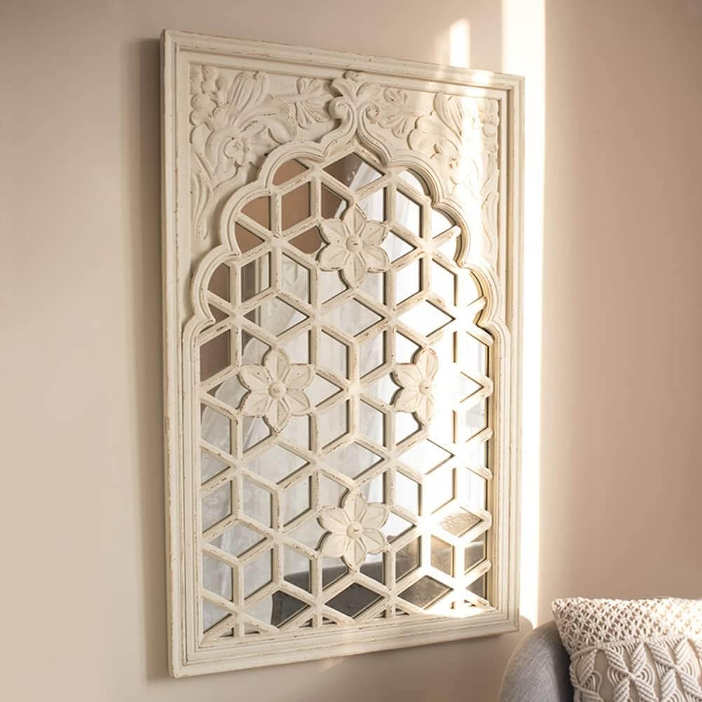 Vintage Cottagecore Floral Lattice Wall Mirror in Distressed White