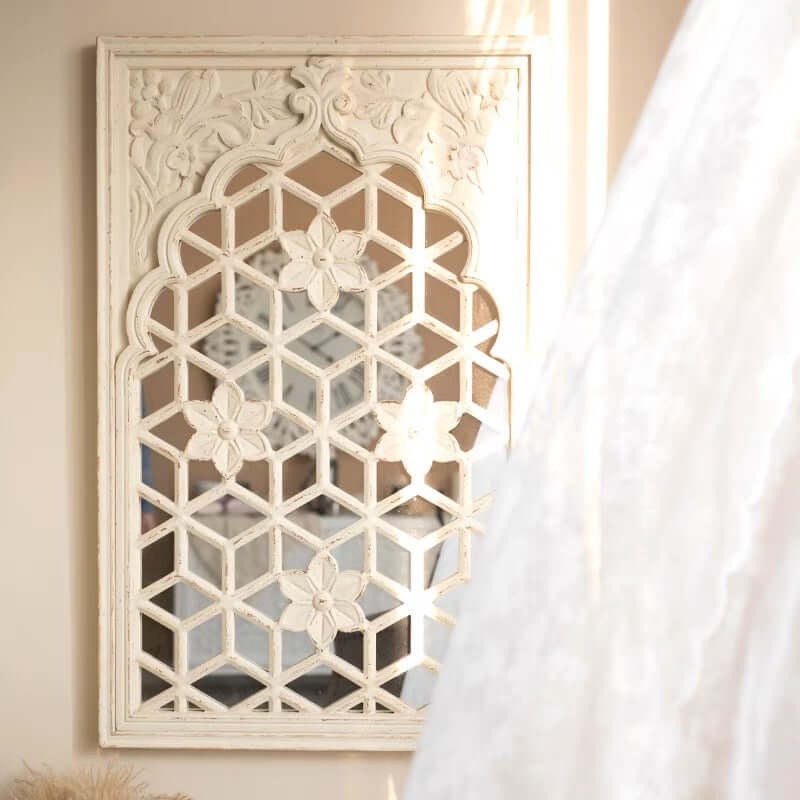 Vintage Cottagecore Floral Lattice Wall Mirror in Distressed White