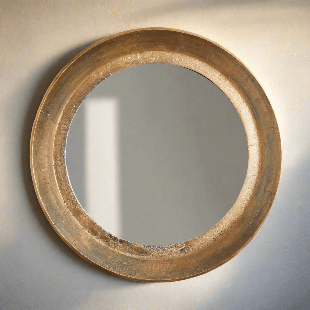 Antique Nickel Round Wall Mirror with Distressed Finish