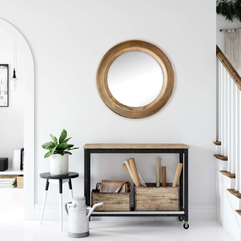 Antique Nickel Round Wall Mirror with Distressed Finish