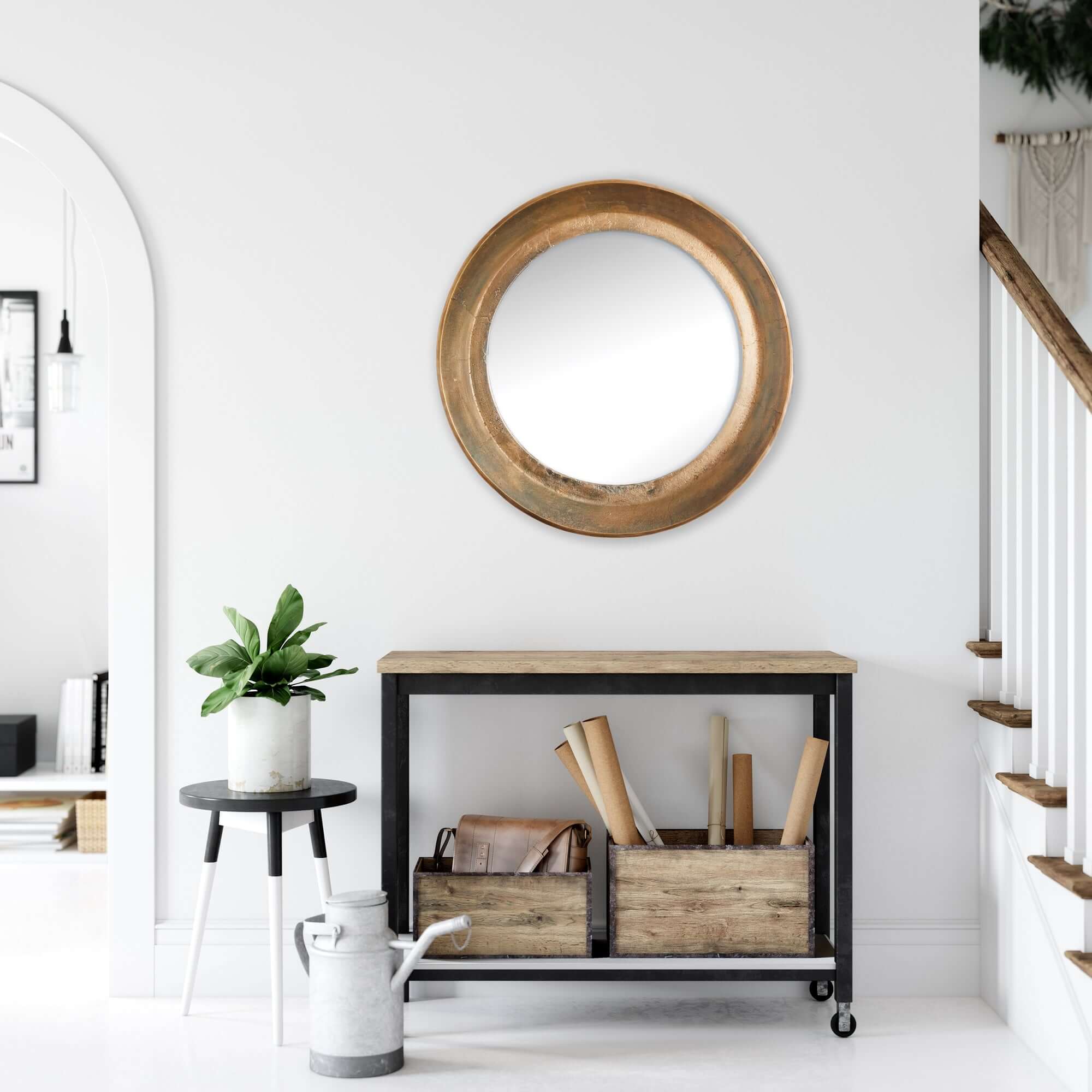 Antique Nickel Round Wall Mirror with Distressed Finish