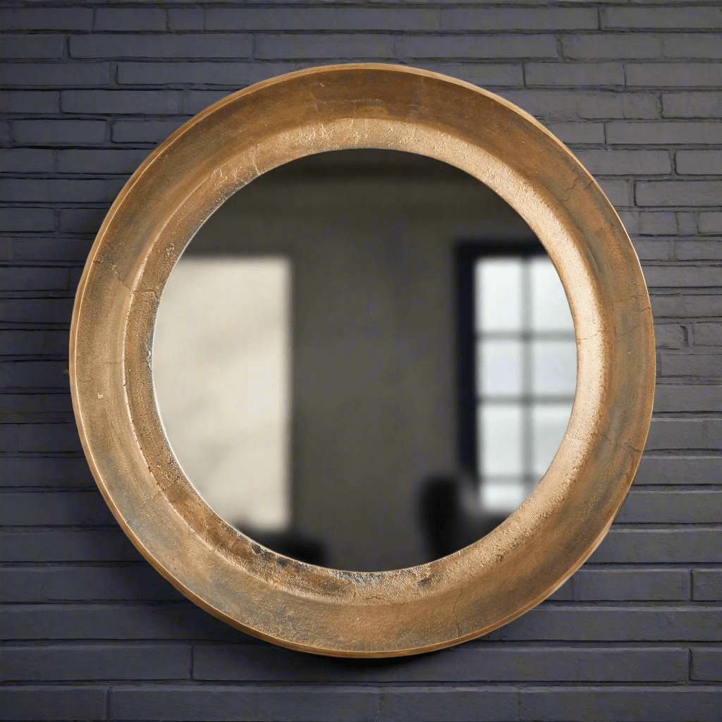 Antique Nickel Round Wall Mirror with Distressed Finish